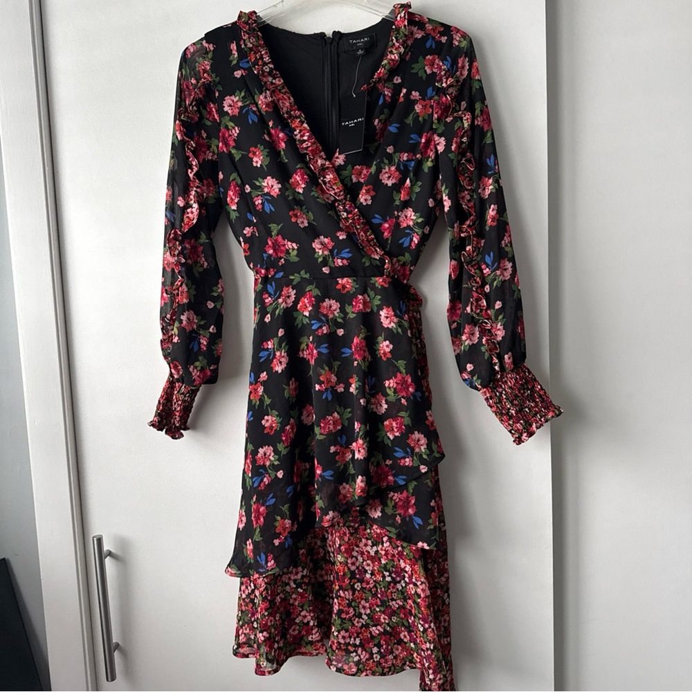 Tahari ASL Womens Black Chiffon Ruffled Knee-Length Fit & Flare Dress NEW - Picture 2 of 5